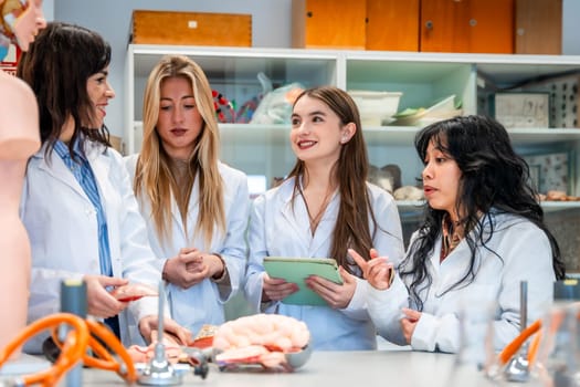 Group of medical students learning anatomy using anatomical models and a digital tablet in a university laboratory