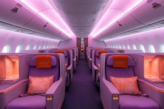 Luxurious interior of an empty airplane cabin in business class. Comfortable seats in the airplane.