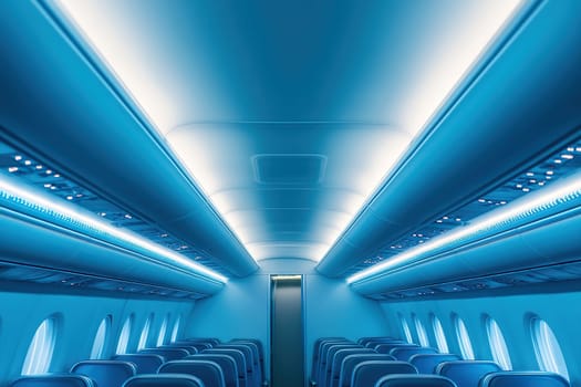 The interior of the aircraft cabin shows off the hand luggage compartments. Modern amenities and comfort during the flight.