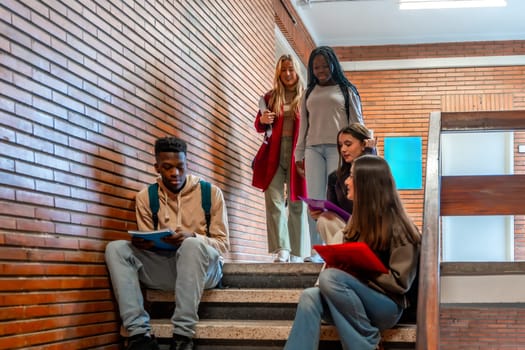 Multi ethnic university students walking together on brick stairs, engaging in study sessions and fostering friendships on campus