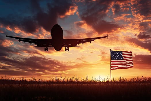 Silhouette of passenger plane in sky and usa flag on ground in foreground, evening time, sunset