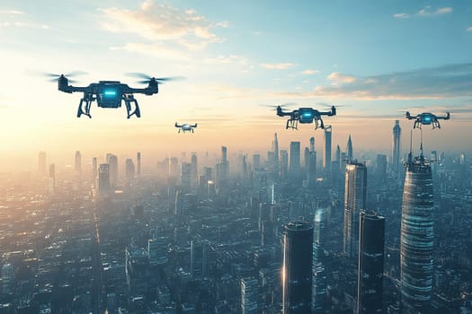 Police drones patrol the metropolis from above. The concept of the latest technology for city security.