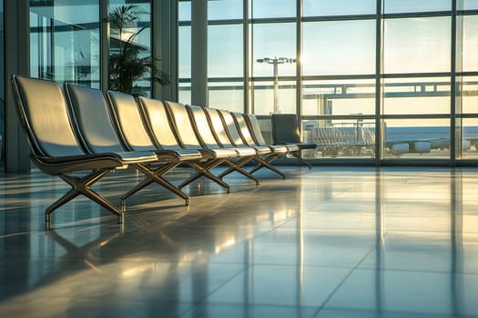 Empty airport departure lounge interior with seating. Glass window of airport terminal. Travel and transportation concepts.
