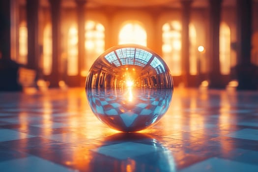 Disco ball in sunlight with floor reflections in a spacious hall.