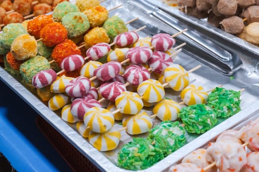 Fast food at the Asian night market in Asia. Traditional Vietnamese street food on the counter in Vietnam in Da Nang