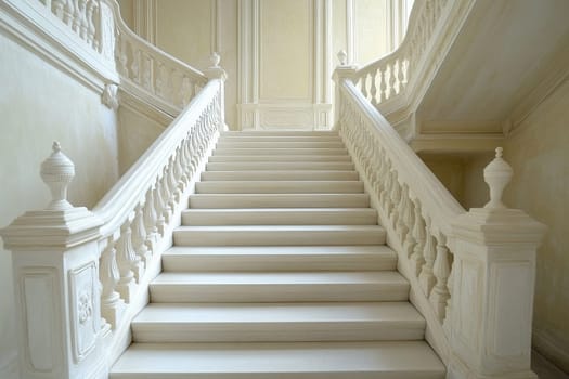 White staircase, empty interior fragment. View of a staircase with many white steps
