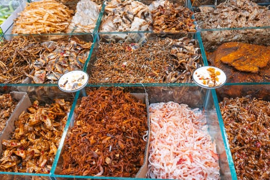 dried fish and seafood for snacks at the Asian fish market