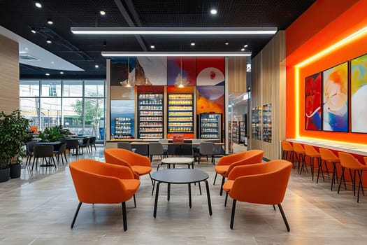 Family friendly food court with tables in a new shopping mall. Empty cafe tables.