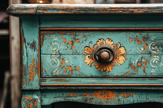 Close-up of a turquoise restored chest of drawers.