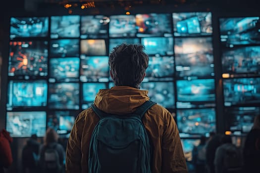Rear view of a young man looking at an animated content stream. Visualization of browsing a big data metaverse with viral videos, social media profiles.