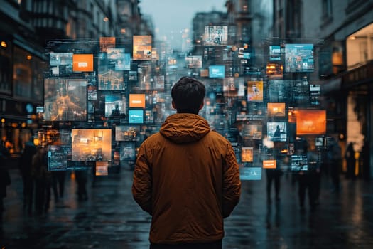 Back view of caucasian man connecting to animated stream of content