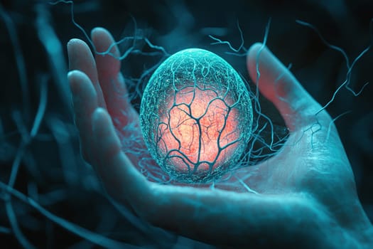 A small embryo of a neural brain with glowing fluorescent dots in a human palm on a dark background. The concept of artificial intelligence.