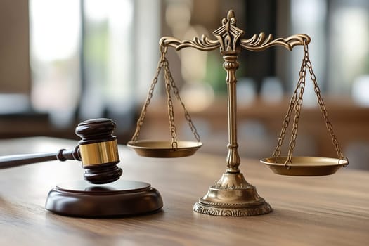 Scales of law on a wooden table. Symbol of justice.