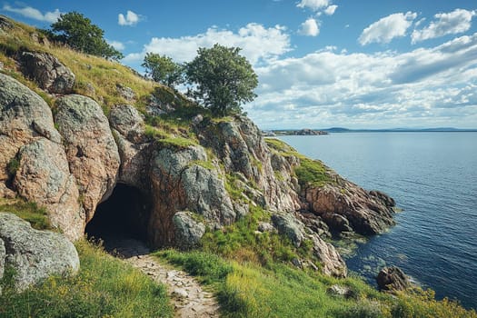 Rocky coastal cliffs with large boulders and a cave entrance overlooking the sea.