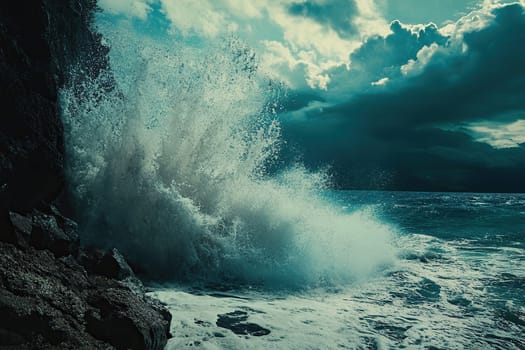 A huge wave crashing against coastal rocks in bad weather.