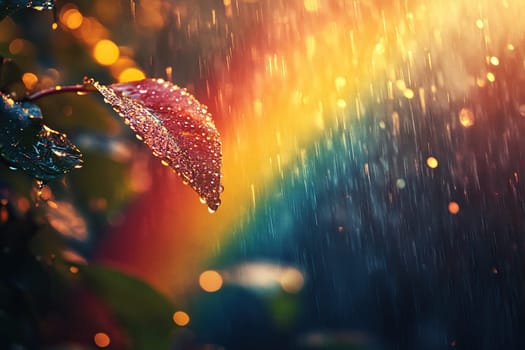 Blurred raindrops creating a rainbow bokeh effect with a blurred green background and young leaves.