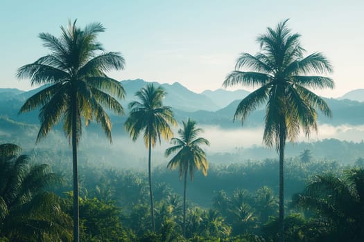 Front view of tall palm trees against the backdrop of mountains and sky. Beautiful tropical landscape.