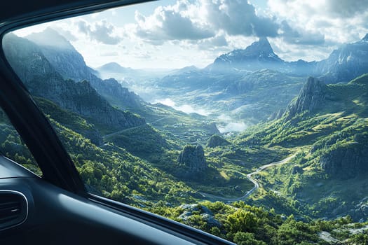 A beautiful summer view from above of a serpentine road among the green hills. The concept of traveling by car.