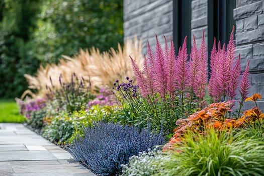 Plants astilbe, blue molinia, heuchera and miscanthus on one flowerbed in the garden of a country private house, landscape design