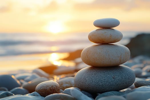 Balance and harmony concept. Stack of smooth white stones on the seashore at sunset.