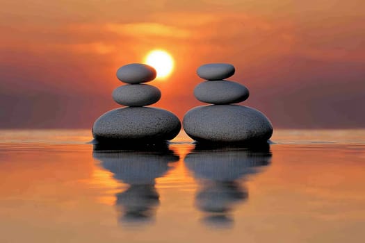 Photo of balanced stones in the sea at sunset, symbolizing harmony and balance. Romance and tranquility.