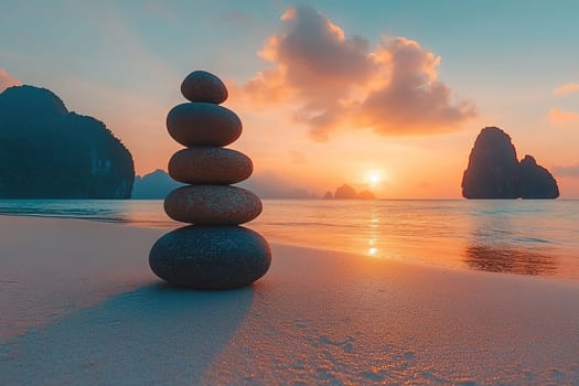 Stack of round smooth stones on a seashore, sunset. Mental health and meditation concept.