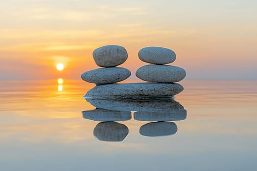 Large smooth stones stand in two stacks on a mirror-like water surface against a calm sky. The concept of balance and peace of mind.