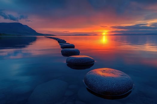 Photo of balanced stones in the sea at sunset, symbolizing harmony and balance.