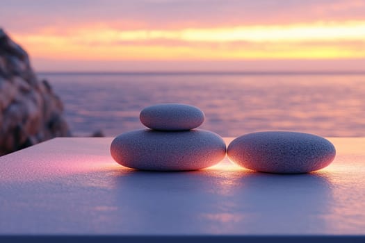 Podium stand with smooth stacks of stones overlooking the sea and sunset. Concept of harmony, balance, spa care.
