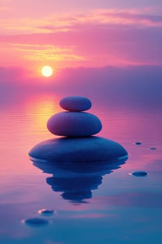 Zen concept. Spa stones in the sea surface at sunset. Vertical background