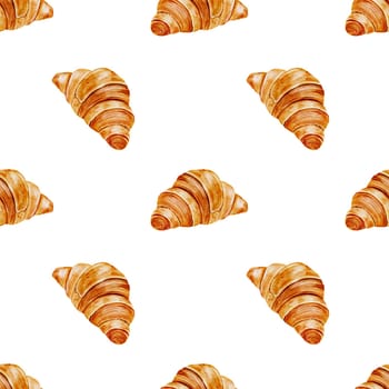 Croissant watercolor pattern. Hand drawn fresh french bun. Food clip art.Ideal for printing packaging in bakery shops, table linens.