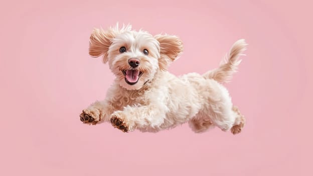 Happy active small fluffy puppy dog leaps in mid air, pet playing, playful dog jumps into the air forward, on pink studio background, side view, advertising