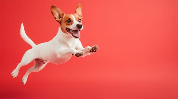 Happy active small Jack Russell Terrier dog leaps in mid air, pet playing, playful dog jumps into the air forward, on red studio background, side view, advertising