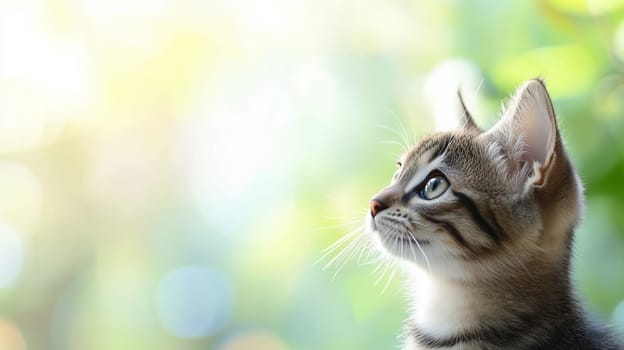 Close-up portrait of curious domestic young tabby cat looking away on summer sunny background with green bokeh, copy space, side view