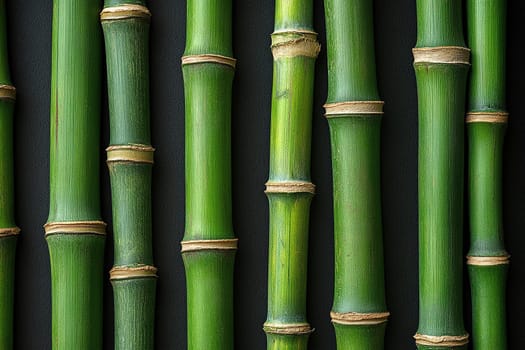 Green stems of bamboo tree on black background.