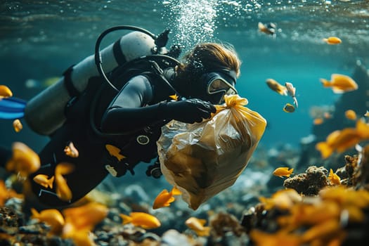 A scuba diver collects trash underwater surrounded by fish.
