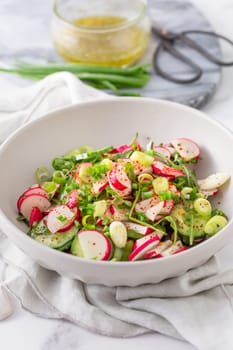 Fresh cucumber salad with radish, dressing and herbs.