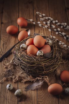 Natural fresh eggs for Easter and cooking in brown tone, Easter decoration