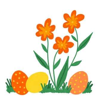 hand drawn happy easter eggs of yellow orange color with ornament with flowers green leaves. Colored religious Christian symbols for cards design celebration banner, simple minimalist design for spring holiday art
