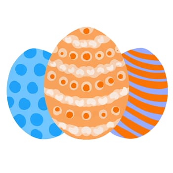 hand drawn happy easter eggs of blue orange color with stripe polka dot ornament. Colored religious Christian symbols for cards design celebration banner, simple minimalist design for spring holiday art