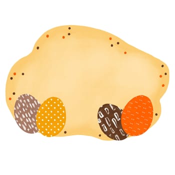 hand drawn happy easter eggs frame background of orange brown yellow color with ornament. Colored religious Christian symbols for cards design celebration banner, simple minimalist design for spring holiday art