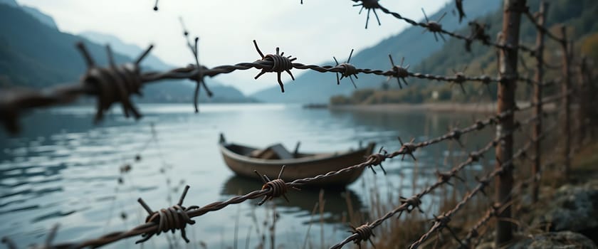 Barbed wire frames a tranquil lake, where a lone boat drifts. Beneath looming mountains, solitude and serenity clash with a silent, haunting barrier.