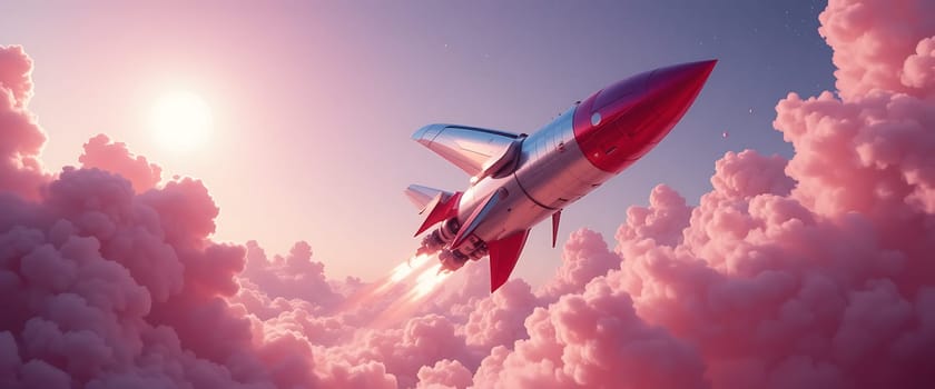 A rocket surges through cotton-candy clouds, sun-kissed and radiant. Hope ignites as it ascends, leaving a fiery trail of dreams.