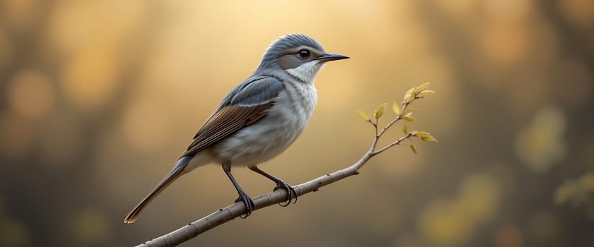 A solitary bird perches on a slender branch, the golden hues of autumn painting the backdrop. The soft light kisses its delicate feathers, whispering secrets of tranquility and introspection amidst the changing seasons. A moment of serene reflection embraces the quiet beauty of nature's gentle silence.
