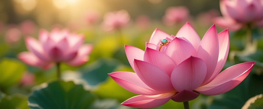 Sun-kissed petals unfurl, cradling a gem of hope. Tranquility whispers through the dawn, as nature's grace blooms in serene beauty.