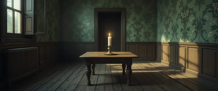 A solitary candle flickers in a silent, shadowy room. Antique walls whisper secrets, while golden light dances on aged wood. Loneliness lingers, but so does quiet peace.