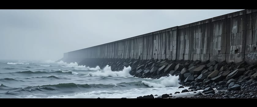 Churning waves crash against the imposing wall, misty air heavy with sorrow. Nature's raw power battles man-made resilience, echoing a timeless struggle. Gray melancholy permeates the scene, a silent plea for solace amidst the storm.