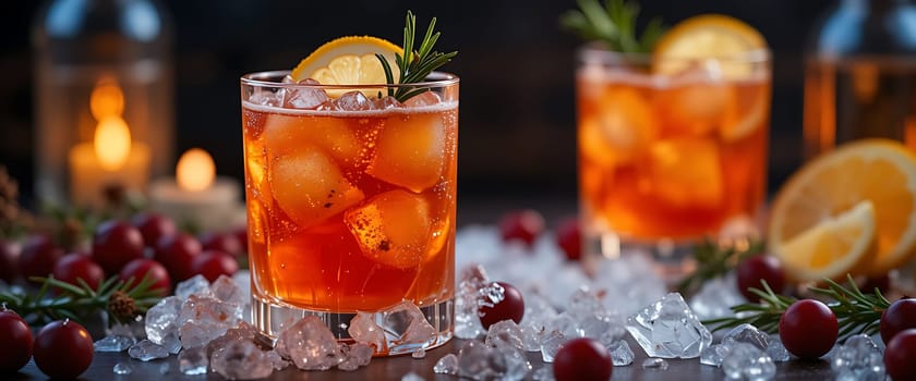 Crushed ice glistens under amber lantern light, as citrus slices float in deep ruby drinks. Warmth and chill intertwine, evoking a cozy winter's evening filled with quiet joy and mellow conversation.