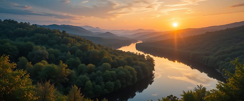 Golden rays kiss the horizon, painting the sky in hues of hope. A serene river whispers secrets to the dense, emerald forest. Tranquility and wonder intertwine as sunset illuminates a sacred, fleeting moment.