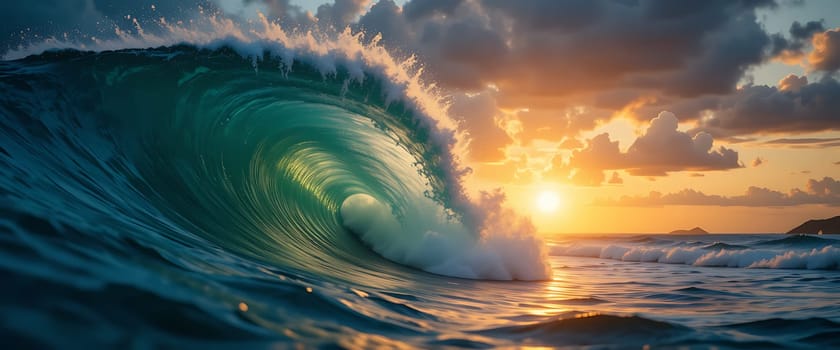 As twilight's golden rays caress the horizon, the ocean's mighty wave unfurls in emerald splendor. Sunlight dances on the water, a symphony of light and shadow, whispering tales of endless journeys and fleeting moments. Serenity meets power in a breathtaking embrace, stirring awe and tranquility in the heart.